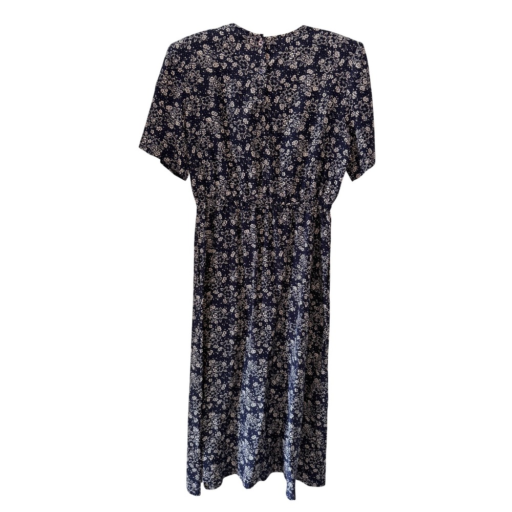 Vintage Norm Thompson Dress Size 10 100% Silk Navy Blue Floral Midi Short Sleeve - Picture 6 of 11